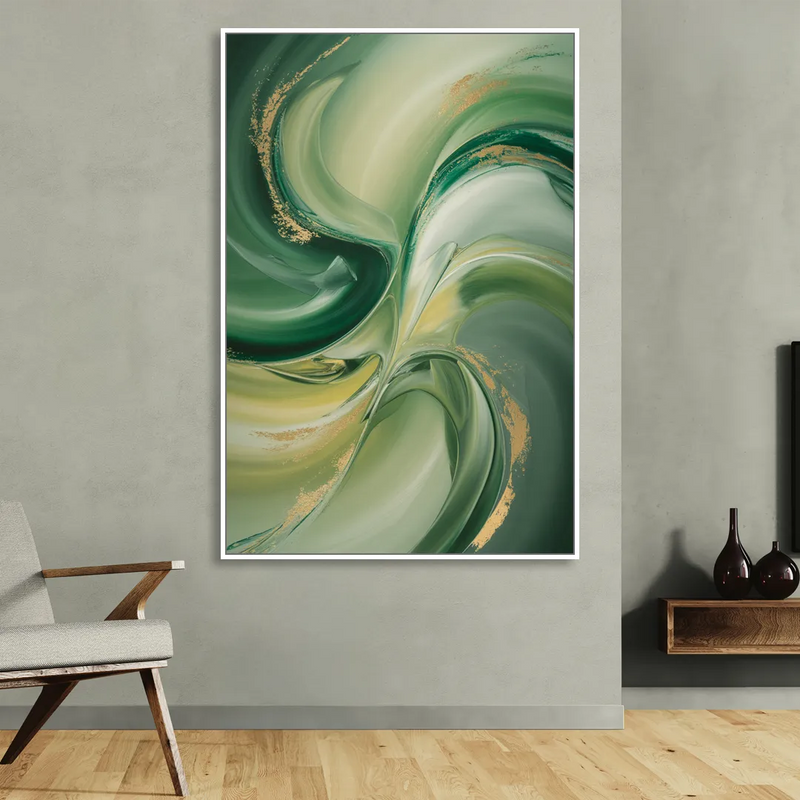 Opulent Harmony Green Abstract Sitting Room - White Canvas Wall Art