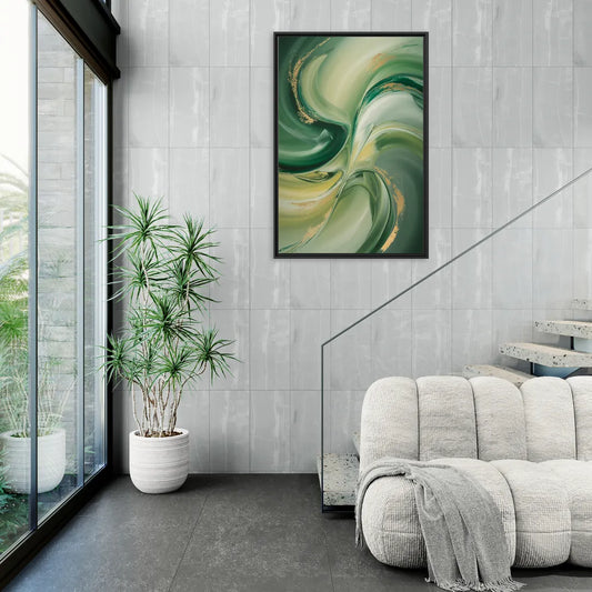 Opulent Harmony Green Abstract - Living Room Black Frame Canvas