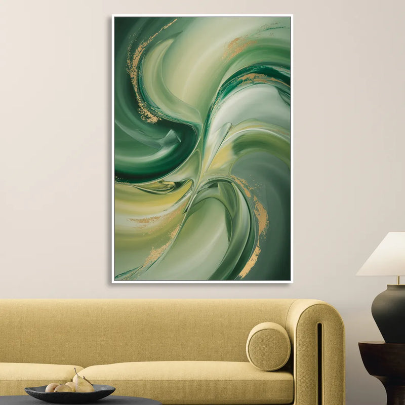 Opulent Harmony Green Abstract Living Room - White Canvas Wall Art