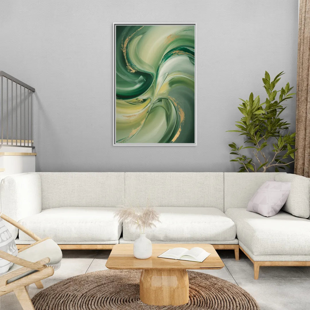 Opulent Harmony Green Abstract - Living Room White Frame Canvas