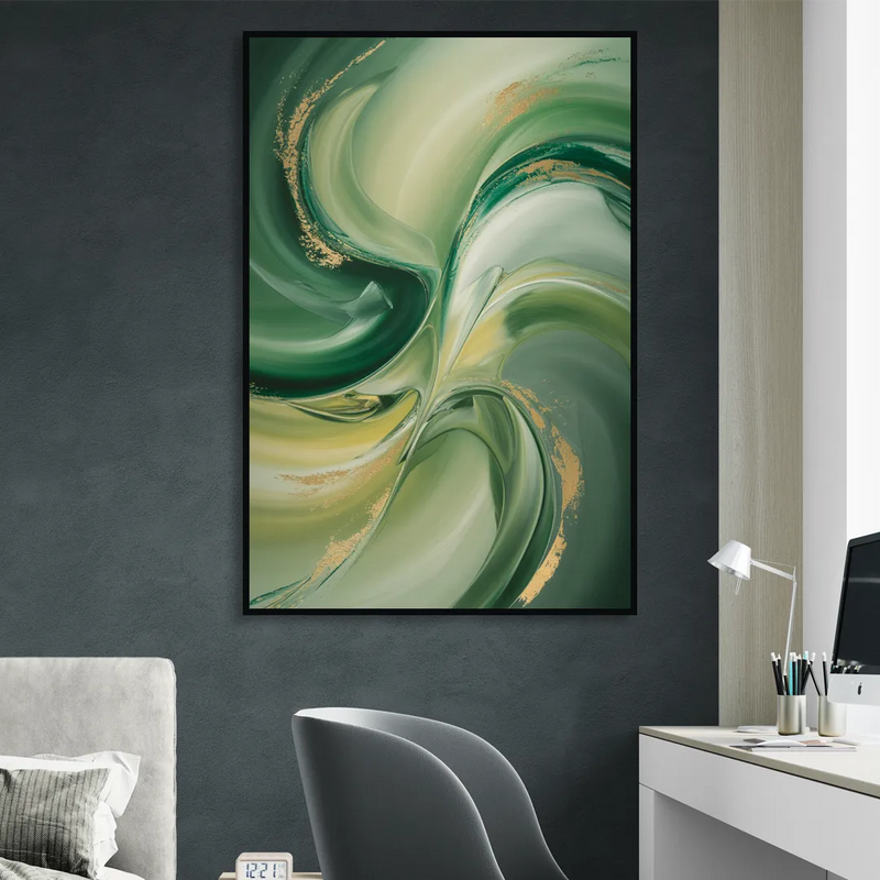 Opulent Harmony Green Abstract Sitting Room - Black Canvas Wall Art