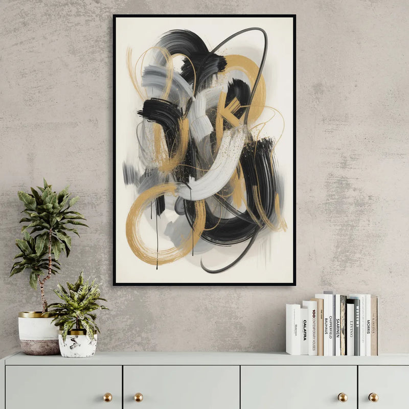 Opulent Movement Black White and Gold Abstract Living Room - Black Canvas Wall Art