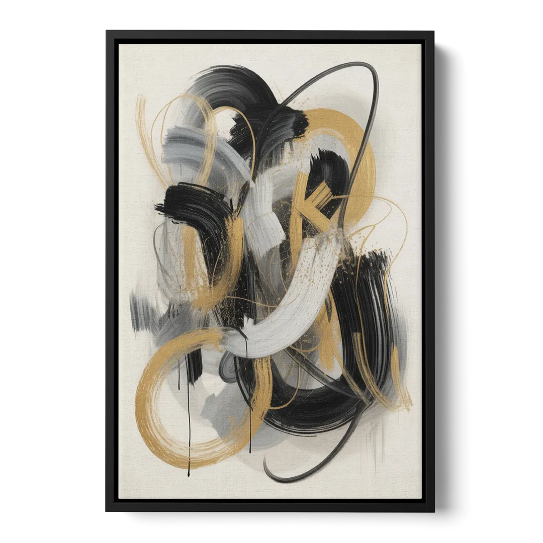 Opulent Movement Black White and Gold Abstract - Black Frame Canvas
