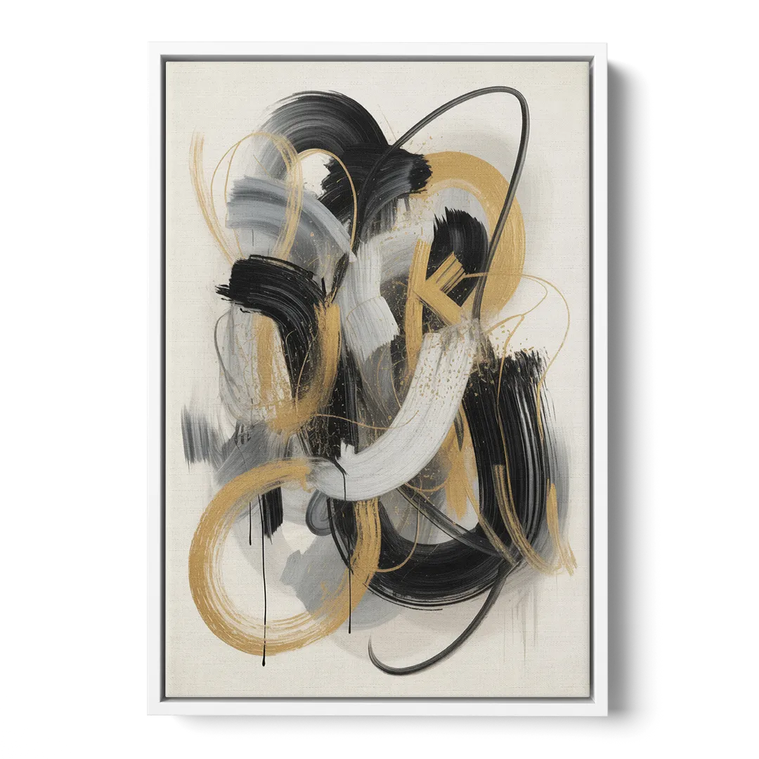 Opulent Movement Black White and Gold Abstract - White Frame Canvas