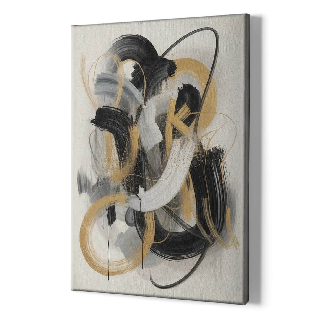 Opulent Movement Black White and Gold Abstract - Canvas Print Art Sides