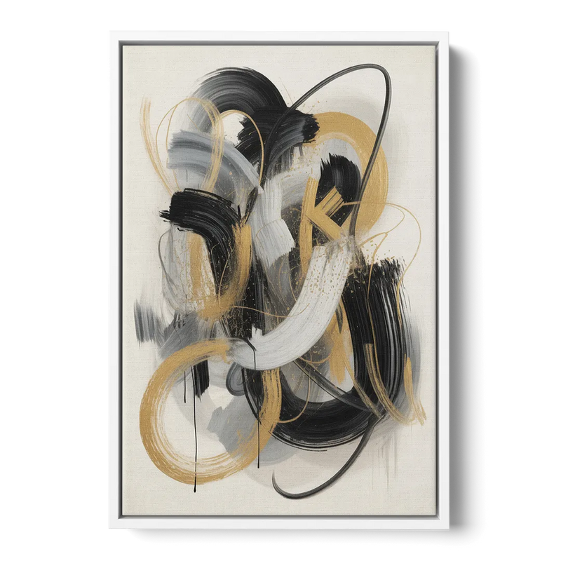 Opulent Movement Black White and Gold Abstract Front - White Canvas Wall Art
