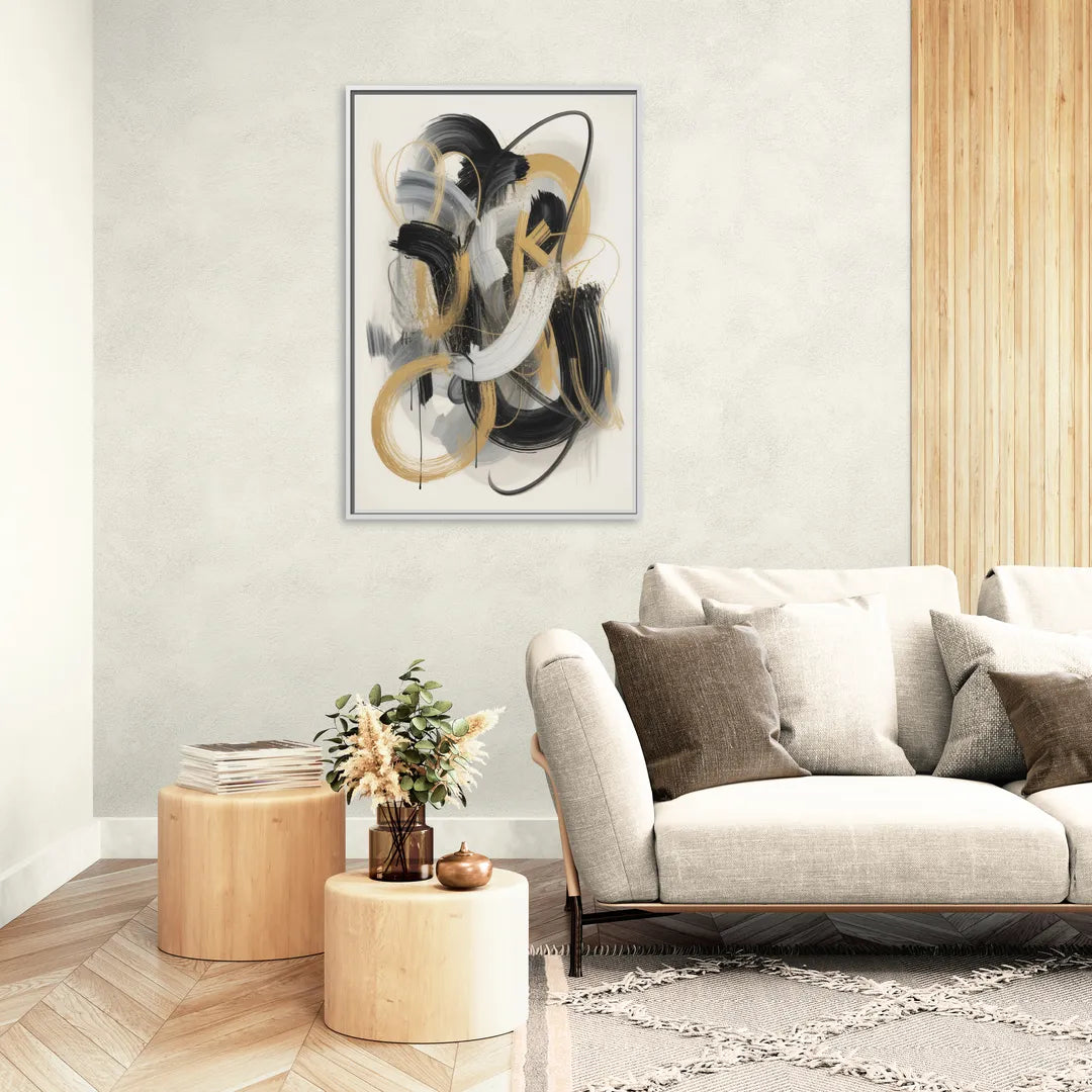 Opulent Movement Black White and Gold Abstract - Living Room White Frame Canvas