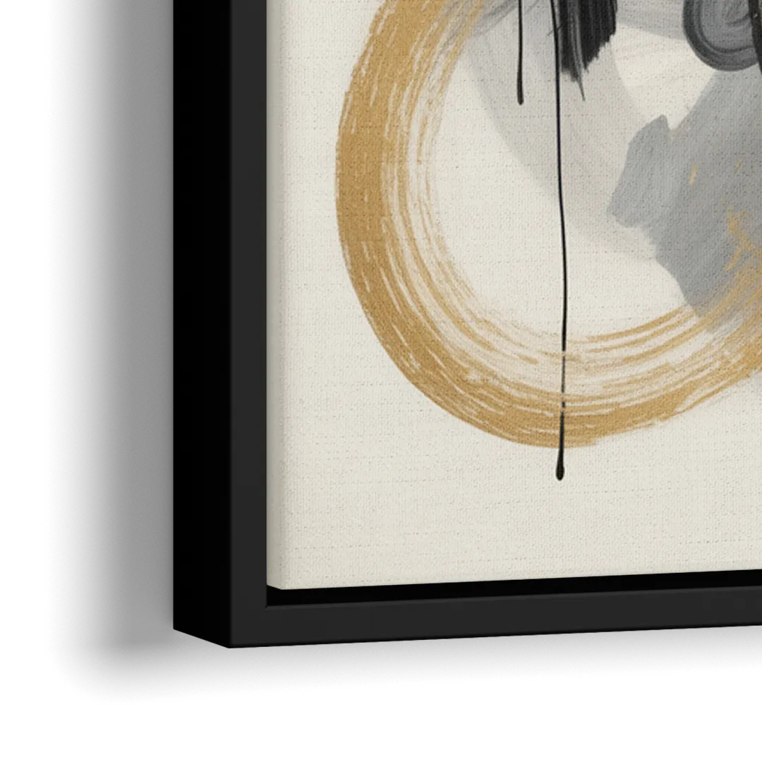 Opulent Movement Black White and Gold Abstract - Close-Up Black Frame Canvas