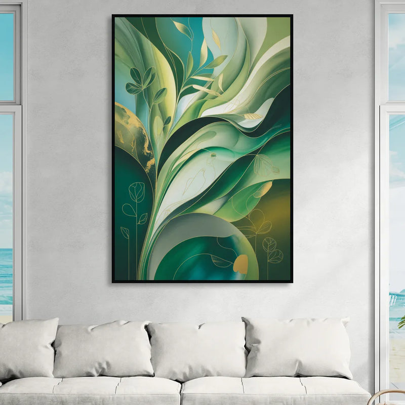 Opulent Nature Harmony Green Abstract Living Room - Black Canvas Wall Art