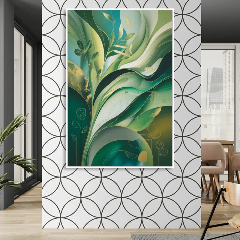 Opulent Nature Harmony Green Abstract Living Room - White Canvas Wall Art