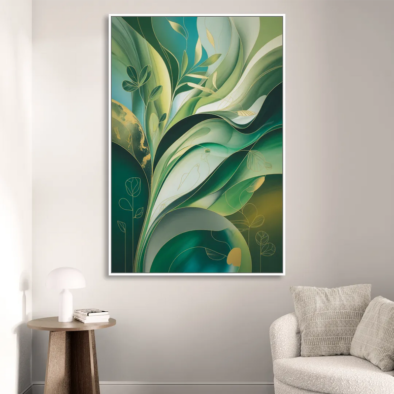 Opulent Nature Harmony Green Abstract Sitting Room - White Canvas Wall Art