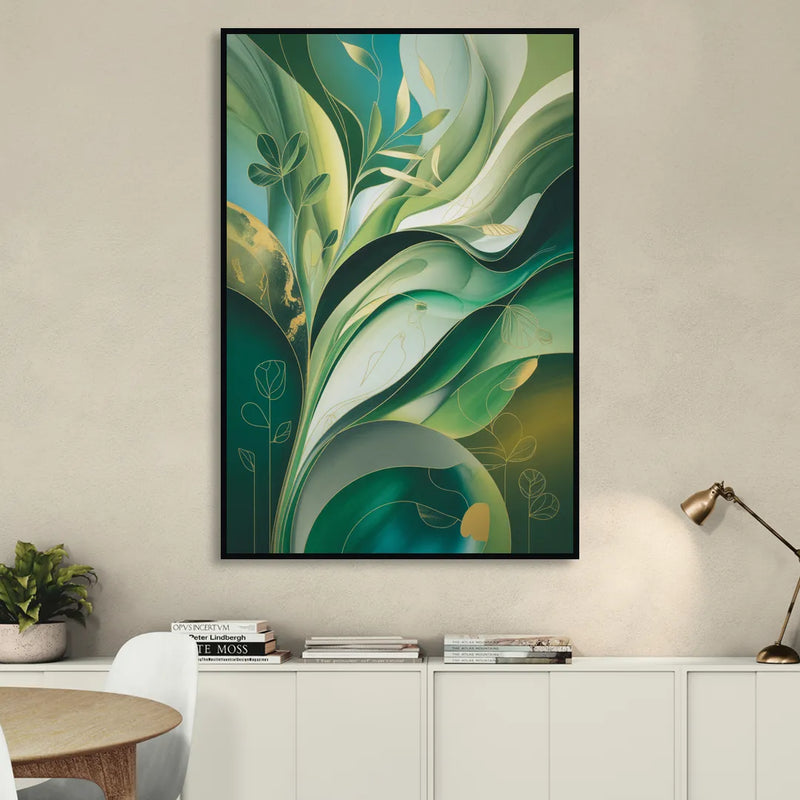 Opulent Nature Harmony Green Abstract Sitting Room - Black Canvas Wall Art