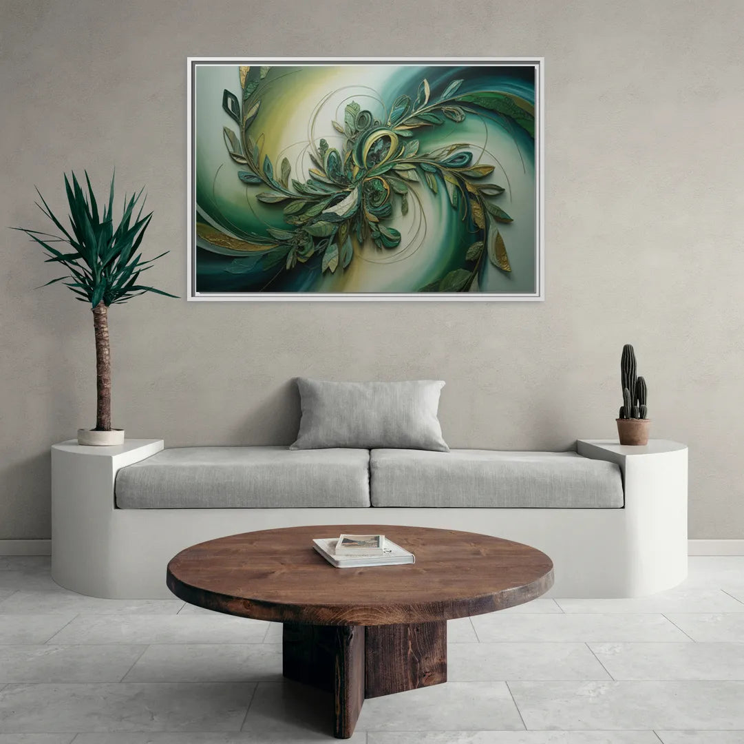 Opulent Natures Flow Green Abstract - Living Room White Frame Canvas