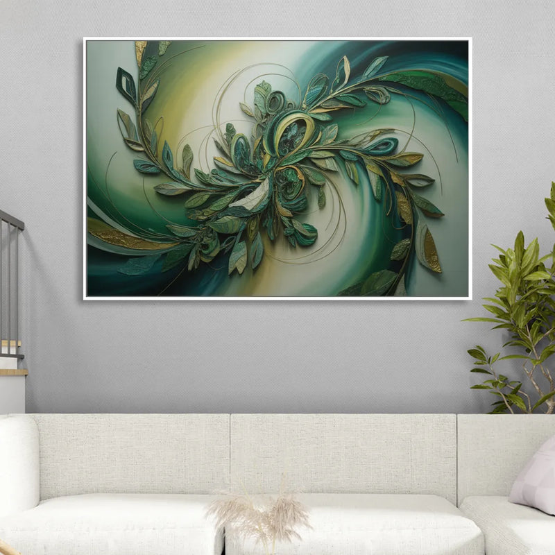 Opulent Natures Flow Green Abstract Sitting Room - White Canvas Wall Art