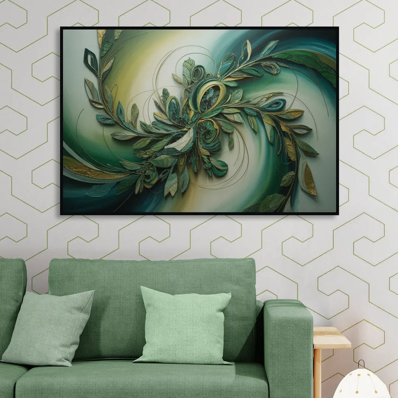 Opulent Natures Flow Green Abstract Living Room - Black Canvas Wall Art
