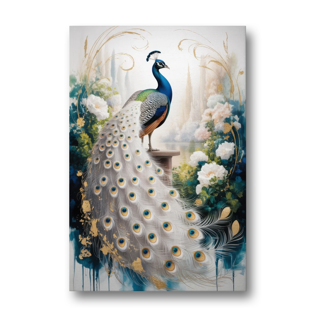 Opulent Peacock Elegance in White and Gold - Canvas Wall Art - Front