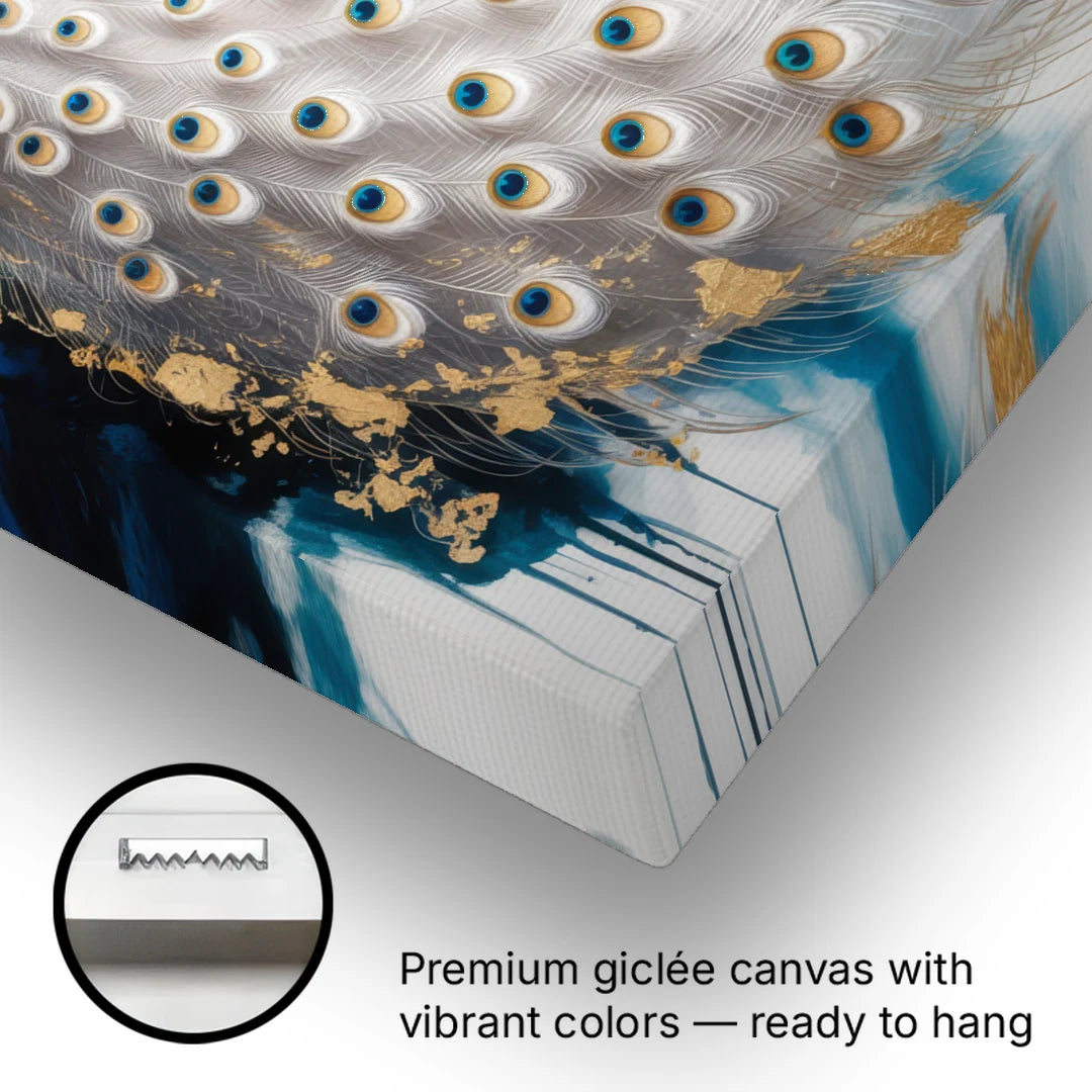 Opulent Peacock Elegance in White and Gold - Canvas Wall Art - Gallery Wrap Corner