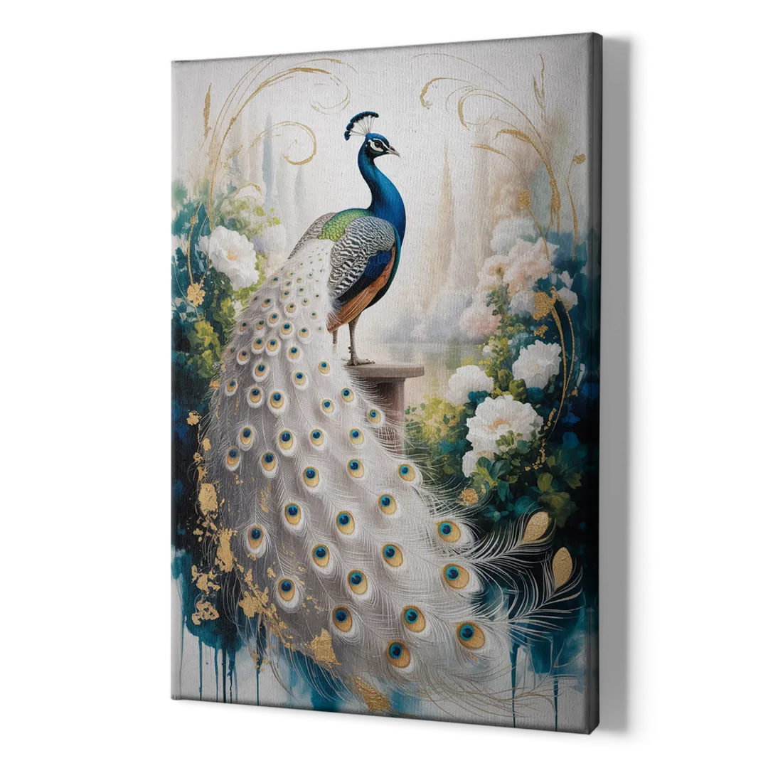 Opulent Peacock Elegance in White and Gold - Canvas Print Art Sides