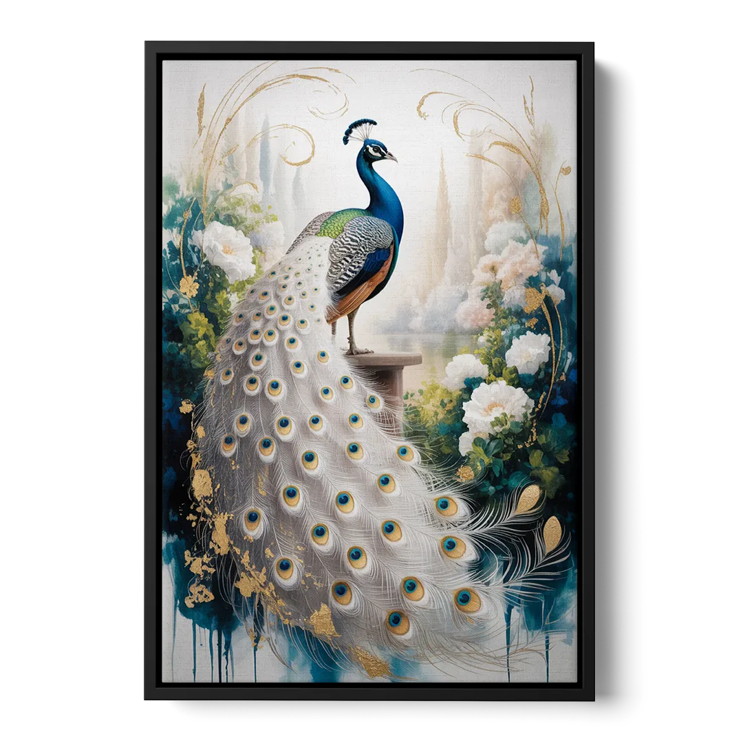 Opulent Peacock Elegance in White and Gold - Black Frame Canvas