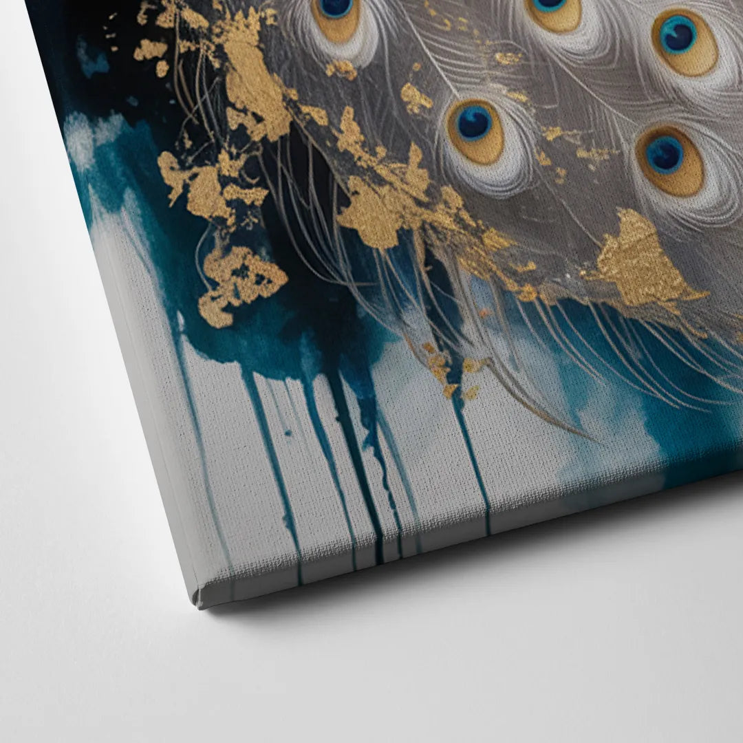 Opulent Peacock Elegance in White and Gold Canvas Close Up