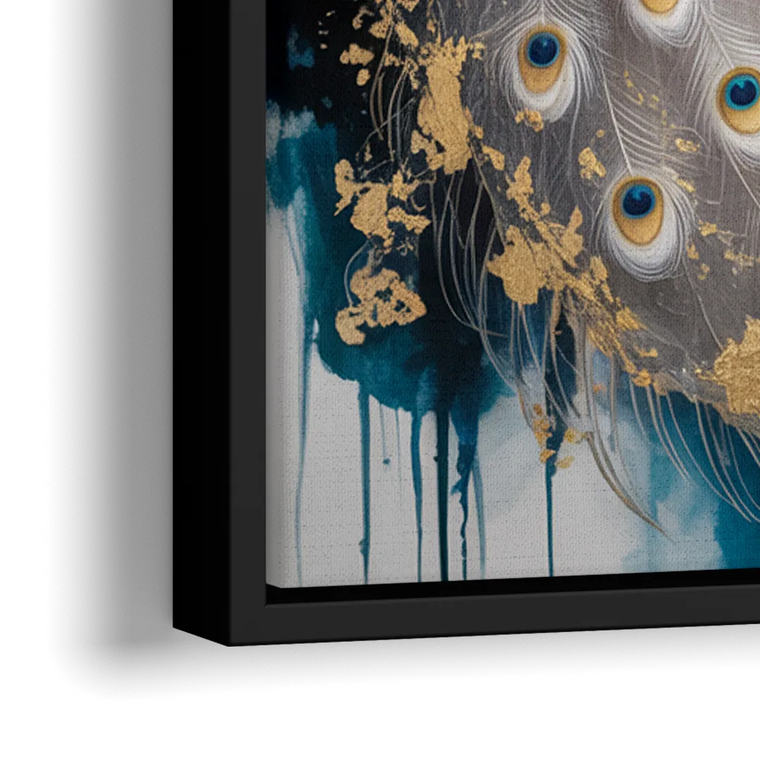 Opulent Peacock Elegance in White and Gold - Close-Up Black Frame Canvas