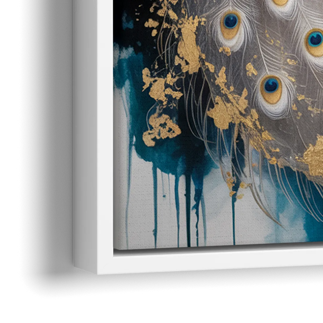 Opulent Peacock Elegance in White and Gold - Close-Up White Frame Canvas