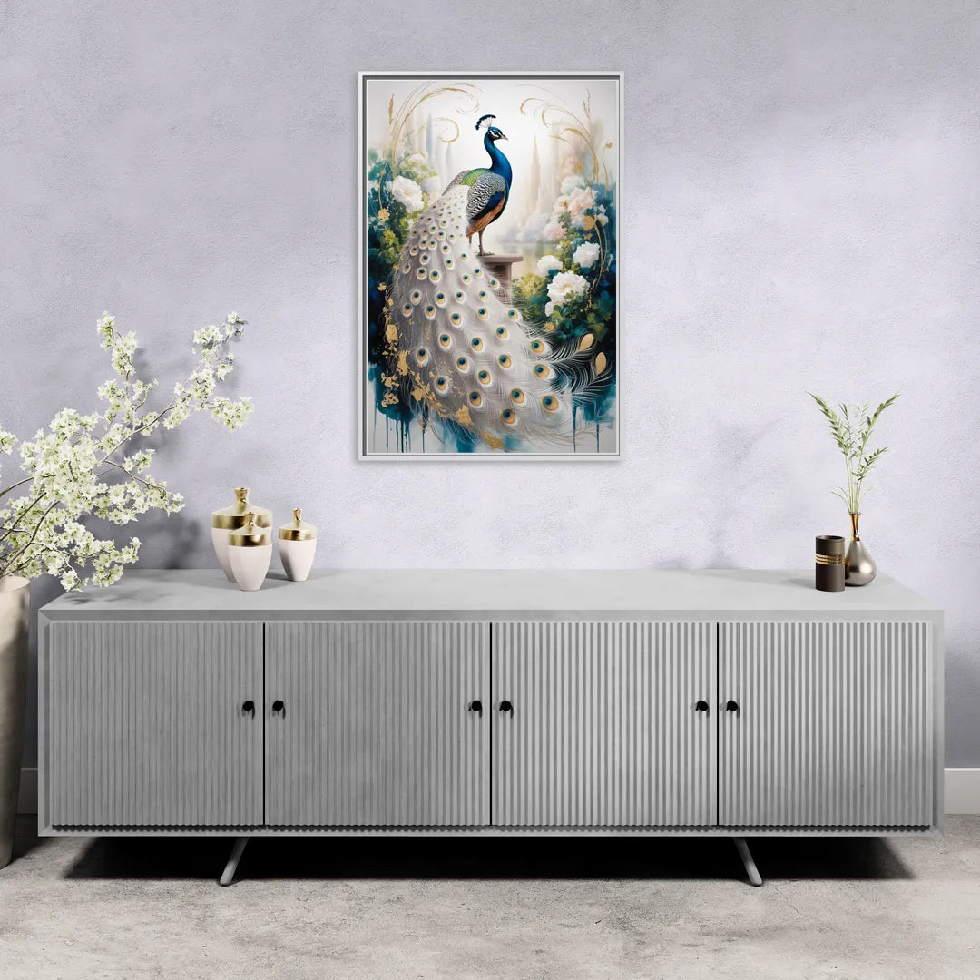 Opulent Peacock Elegance in White and Gold - Living Room White Frame Canvas