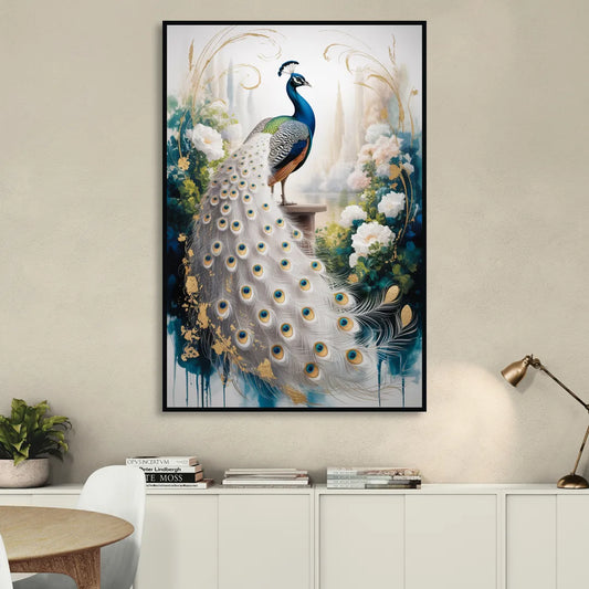 Opulent Peacock Elegance in White and Gold Living Room - Black Canvas Wall Art