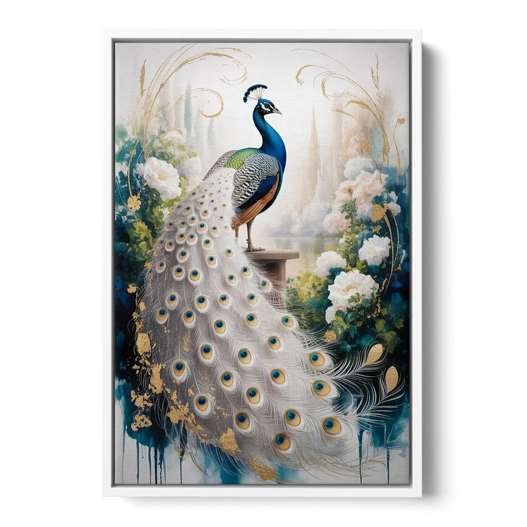 Opulent Peacock Elegance in White and Gold - White Frame Canvas
