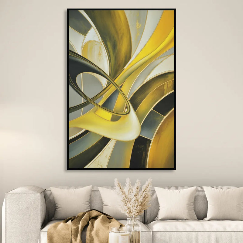 Opulent Resonance Yellow and Grey Abstract Sitting Room - Black Canvas Wall Art