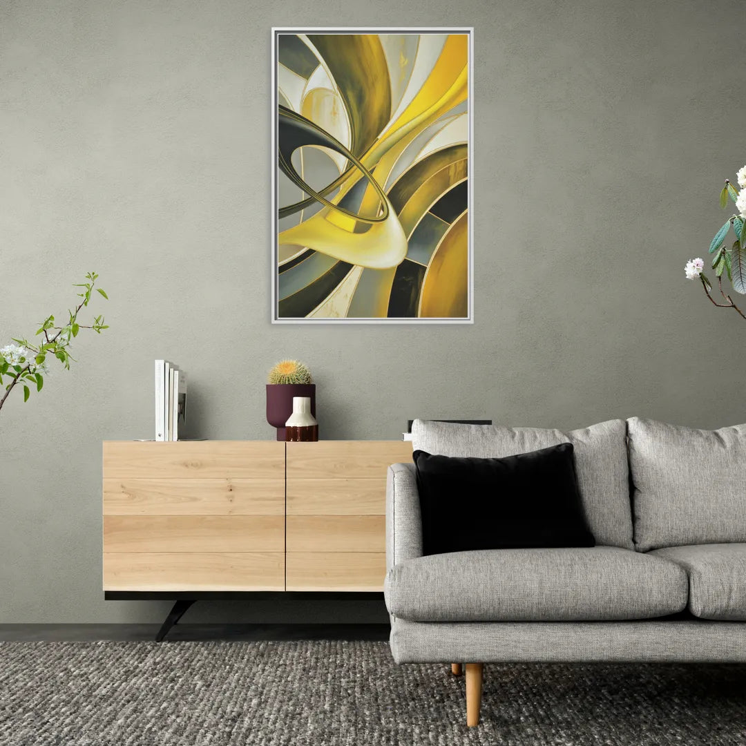 Opulent Resonance Yellow and Grey Abstract - Living Room White Frame Canvas