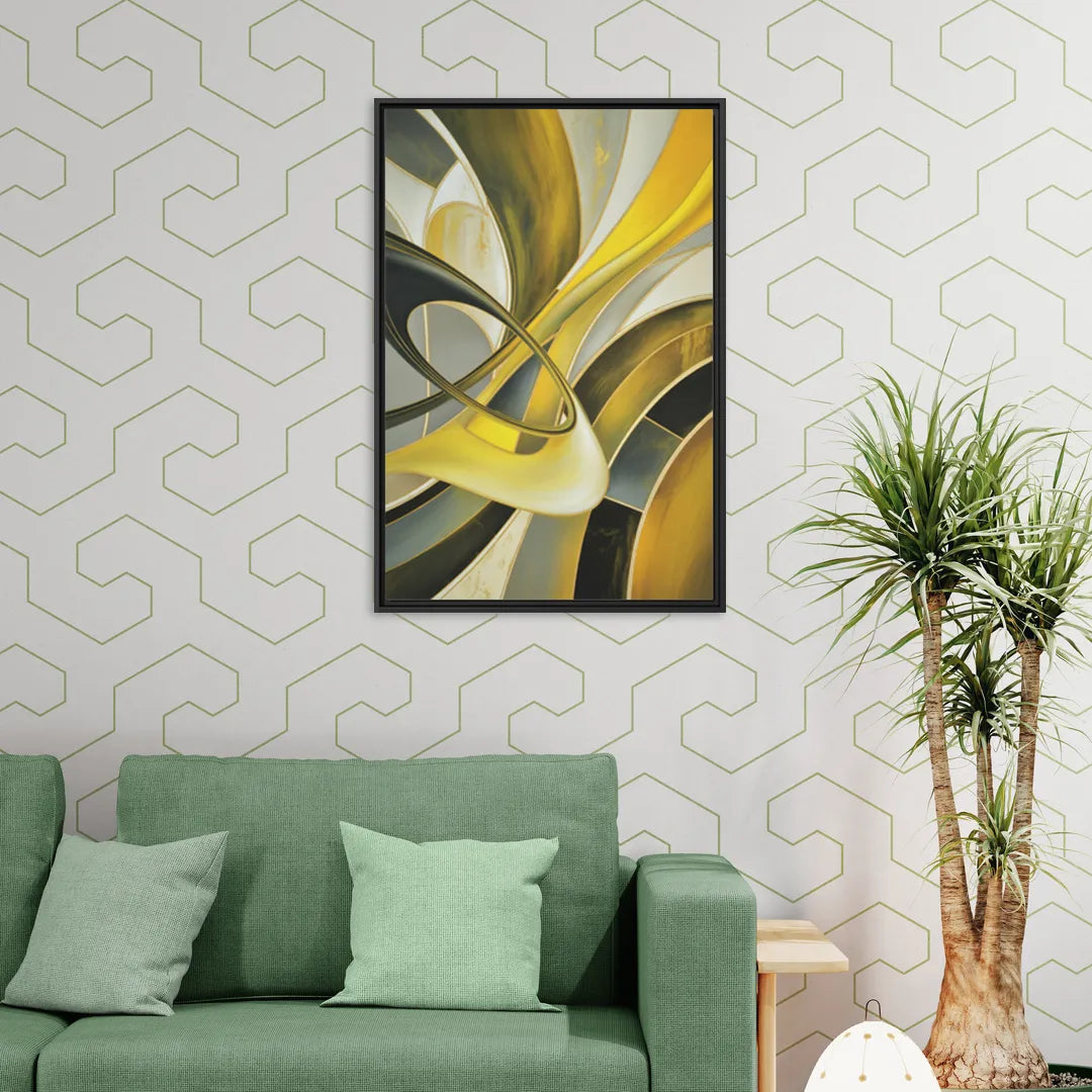 Opulent Resonance Yellow and Grey Abstract - Living Room Black Frame Canvas