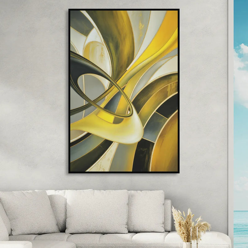 Opulent Resonance Yellow and Grey Abstract Living Room - Black Canvas Wall Art