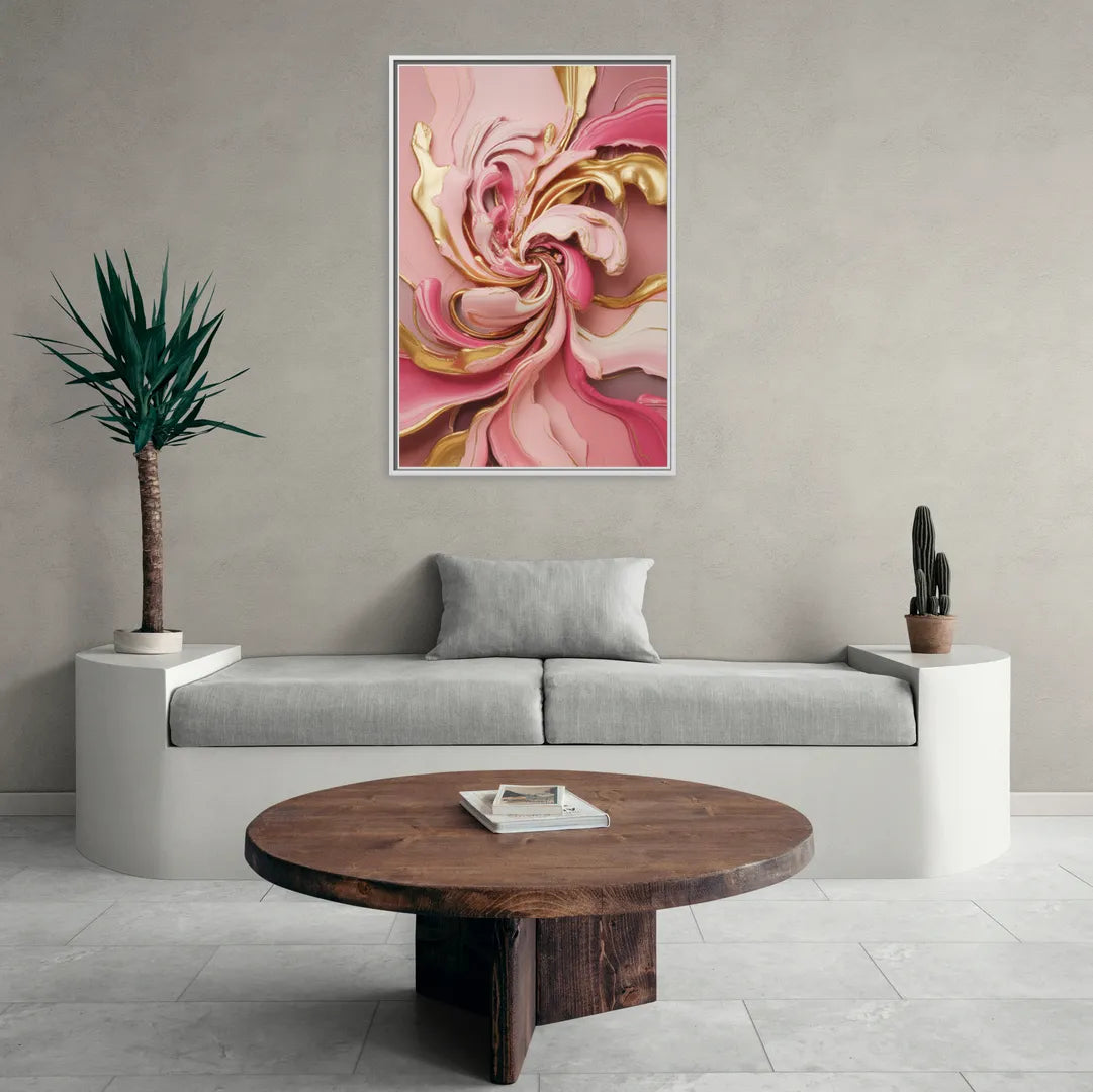 Opulent Serenity Pink and Gold Abstract - Living Room White Frame Canvas