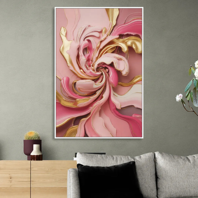 Opulent Serenity Pink and Gold Abstract Living Room - White Canvas Wall Art