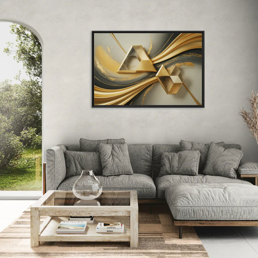 Opulent Streams Gold Abstract - Living Room Black Frame Canvas