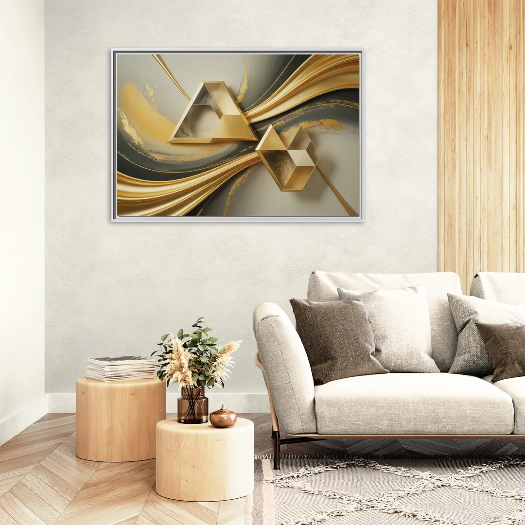 Opulent Streams Gold Abstract - Living Room White Frame Canvas