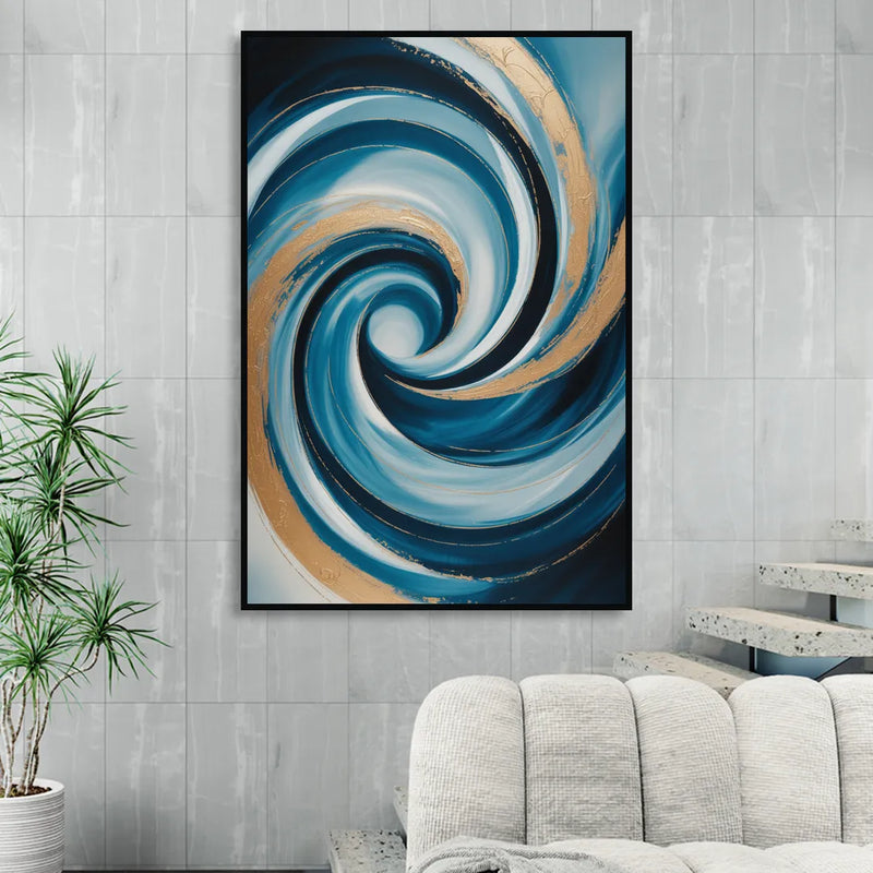Opulent Swirl Blue and Gold Abstract Living Room - Black Canvas Wall Art