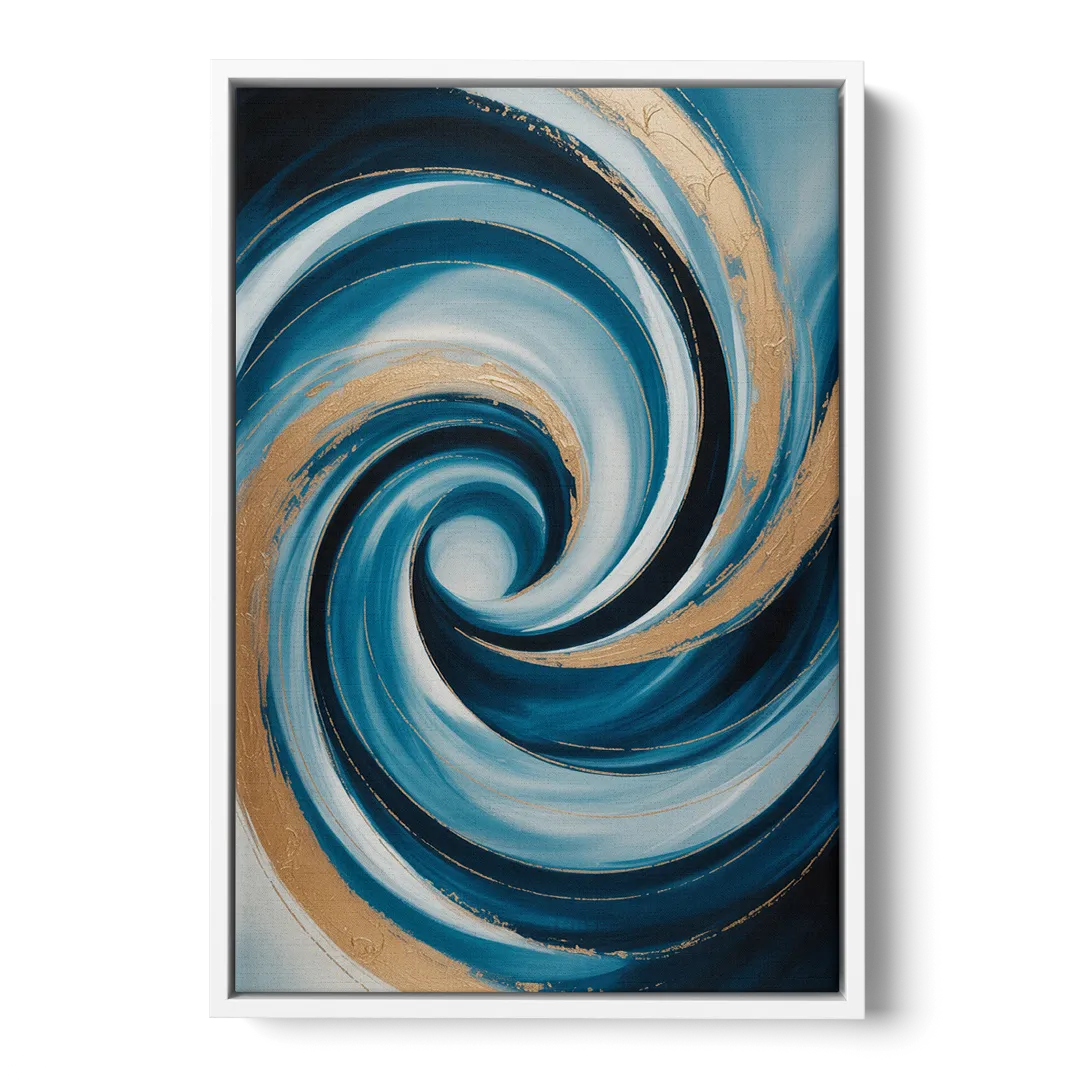 Opulent Swirl Blue and Gold Abstract - White Frame Canvas
