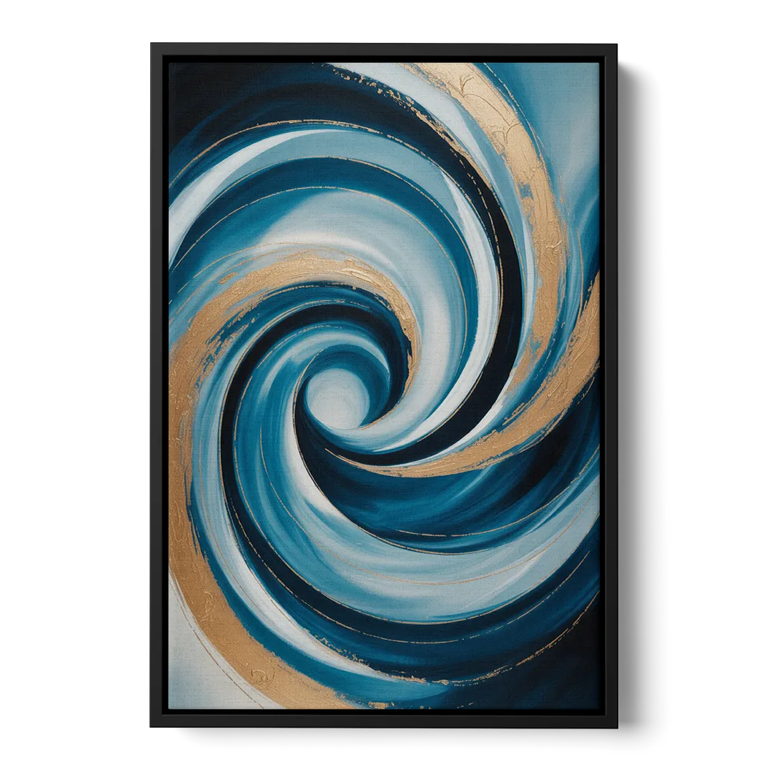 Opulent Swirl Blue and Gold Abstract - Black Frame Canvas