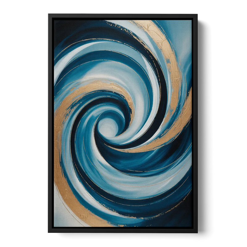 Opulent Swirl Blue and Gold Abstract Front - Black Canvas Wall Art