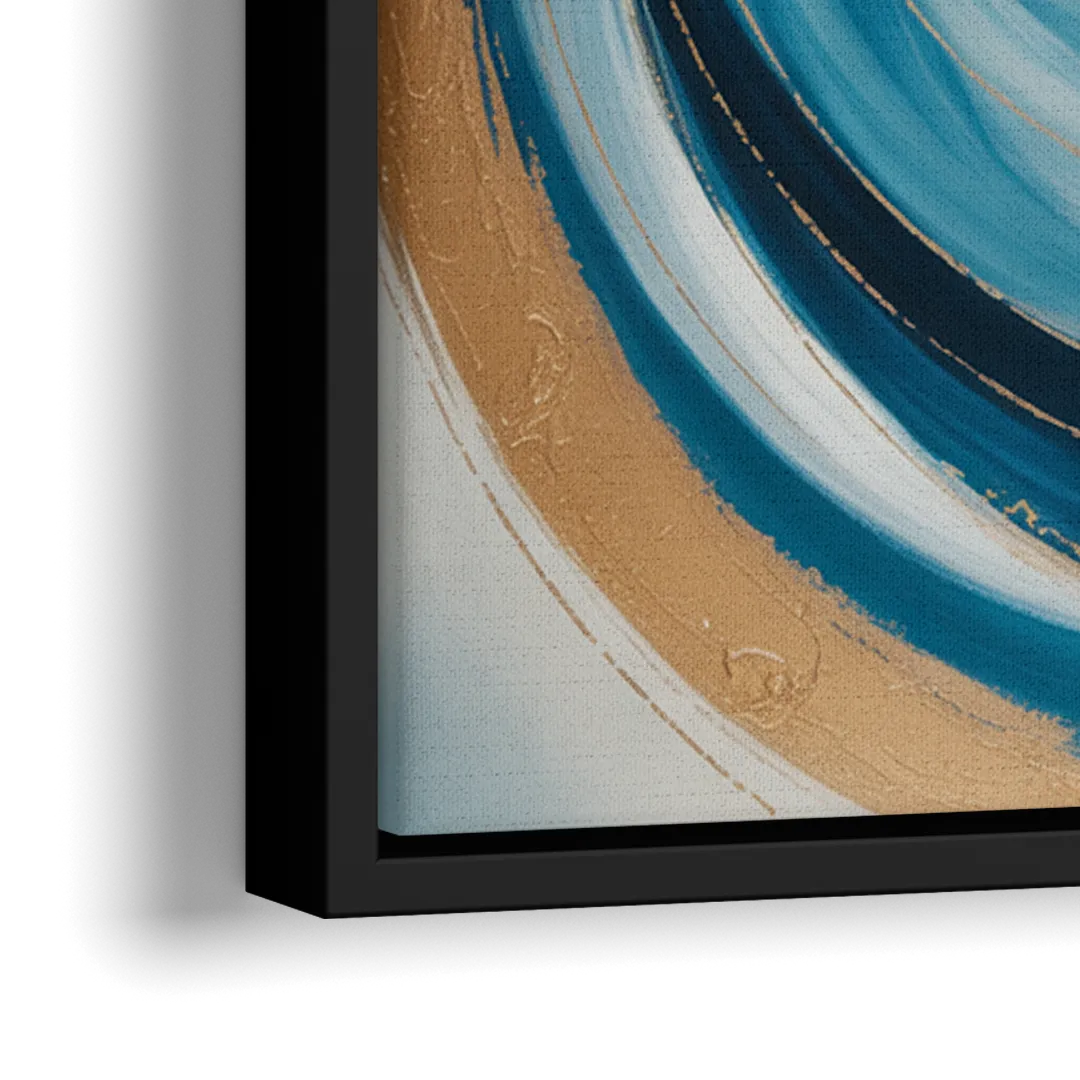 Opulent Swirl Blue and Gold Abstract - Close-Up Black Frame Canvas