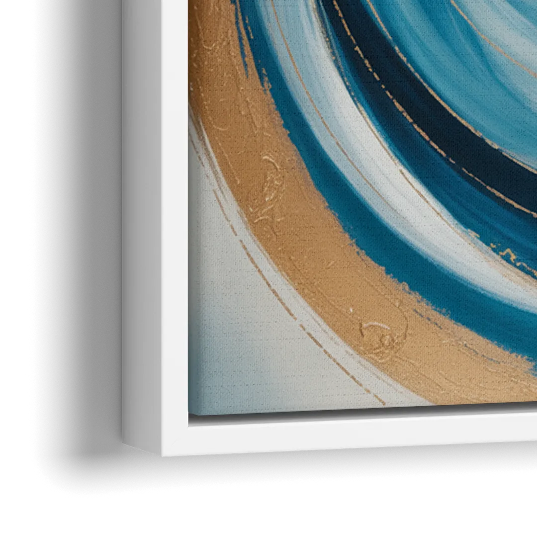 Opulent Swirl Blue and Gold Abstract - Close-Up White Frame Canvas