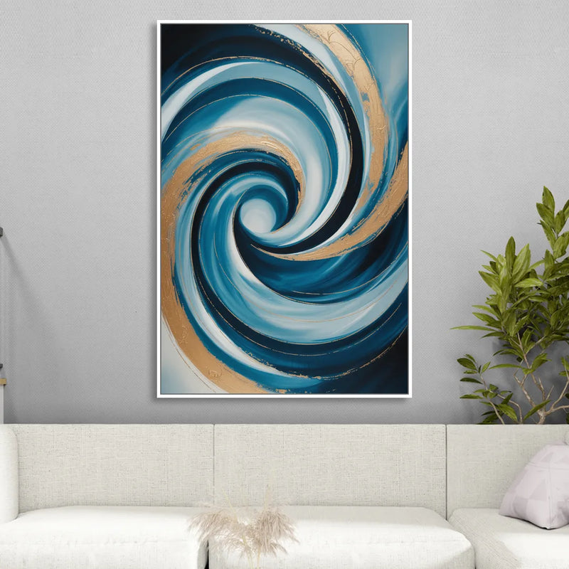 Opulent Swirl Blue and Gold Abstract Living Room - White Canvas Wall Art