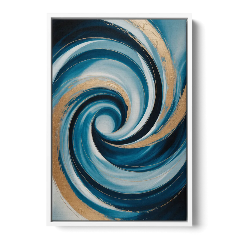 Opulent Swirl Blue and Gold Abstract Front - White Canvas Wall Art
