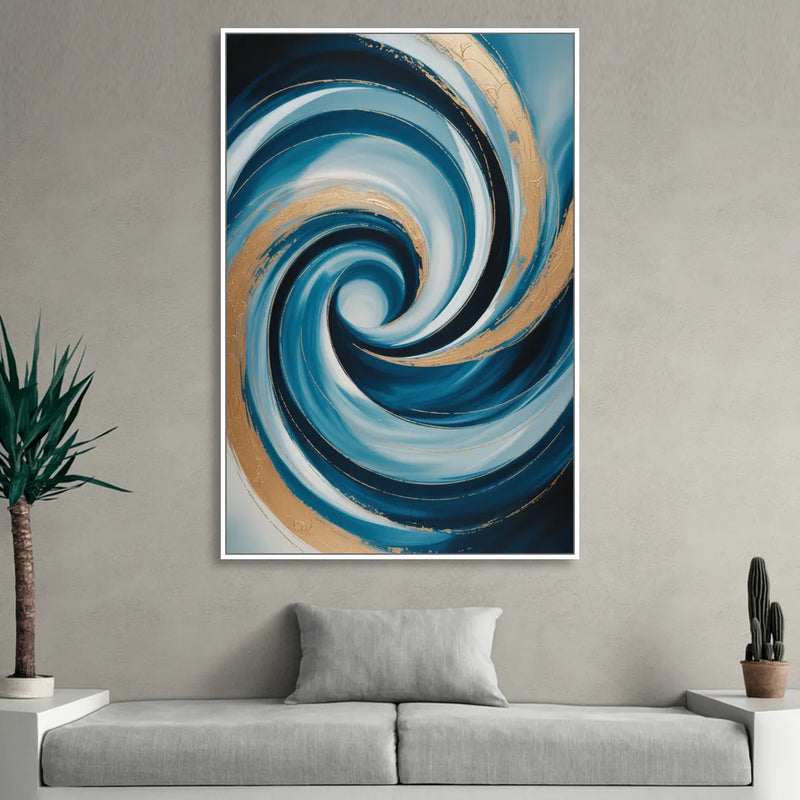 Opulent Swirl Blue and Gold Abstract Sitting Room - White Canvas Wall Art