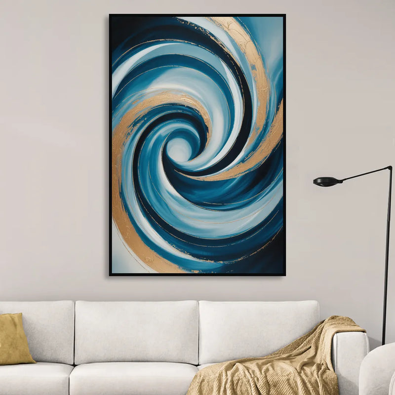 Opulent Swirl Blue and Gold Abstract Sitting Room - Black Canvas Wall Art