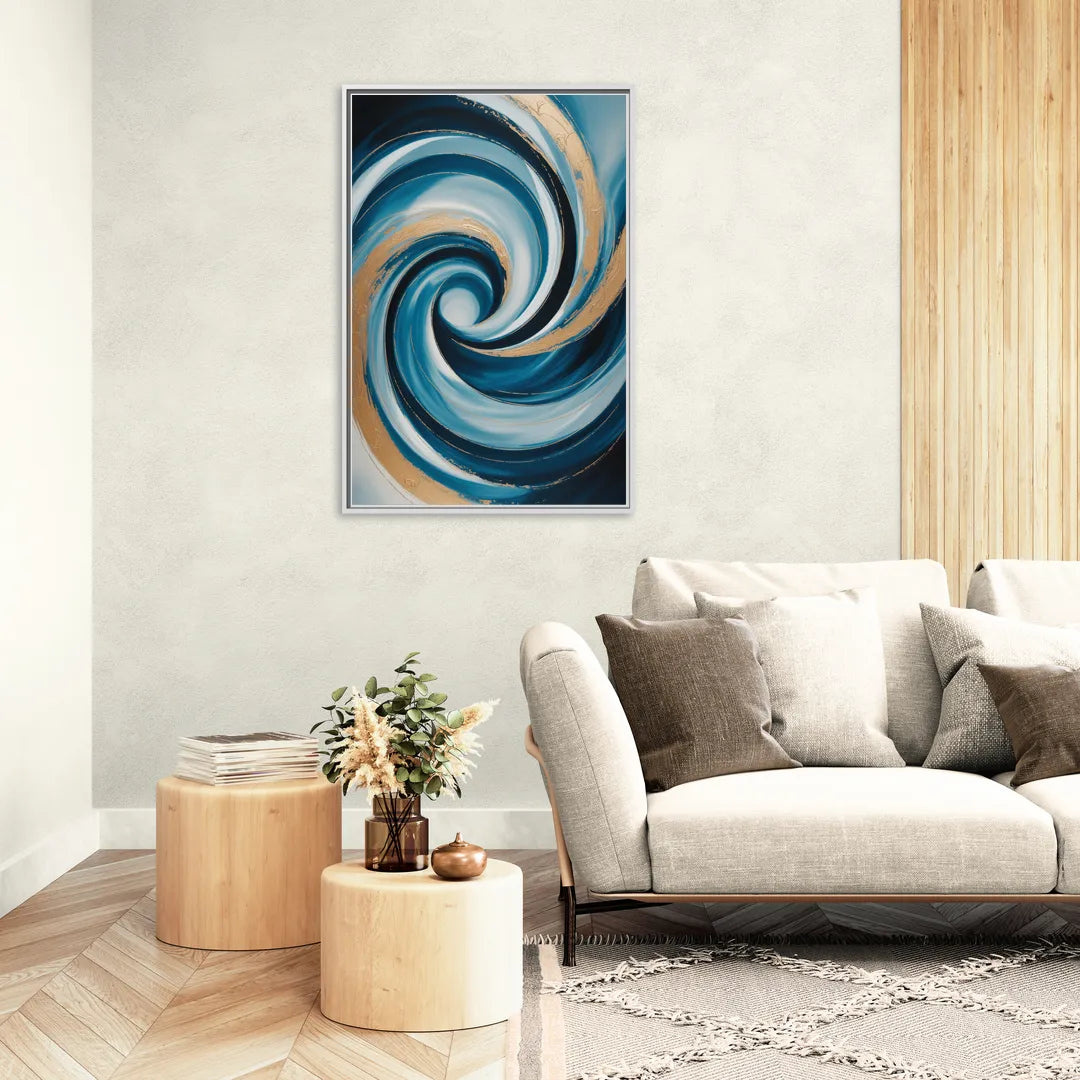 Opulent Swirl Blue and Gold Abstract - Living Room White Frame Canvas