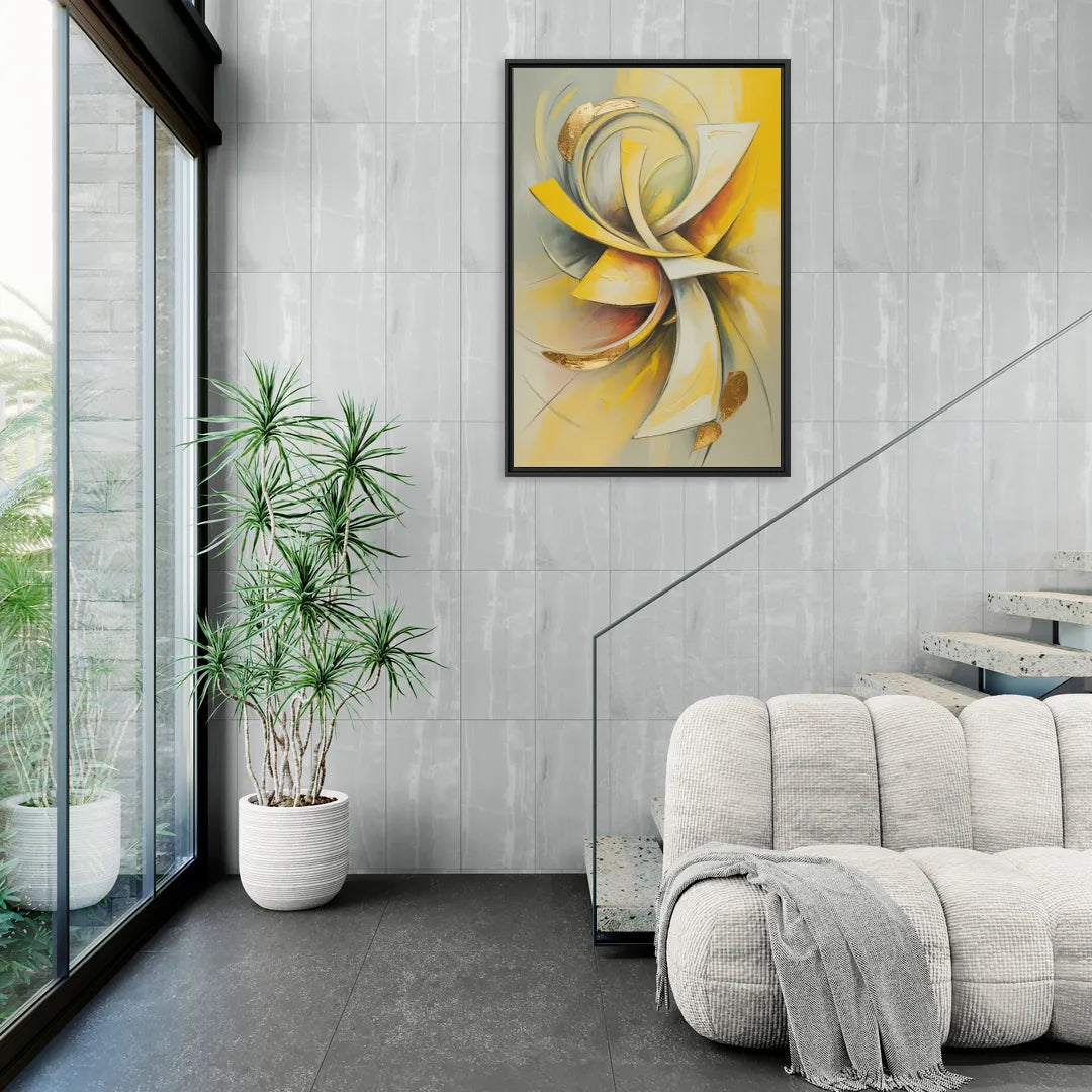 Opulent Vortex Yellow Abstract - Living Room Black Frame Canvas