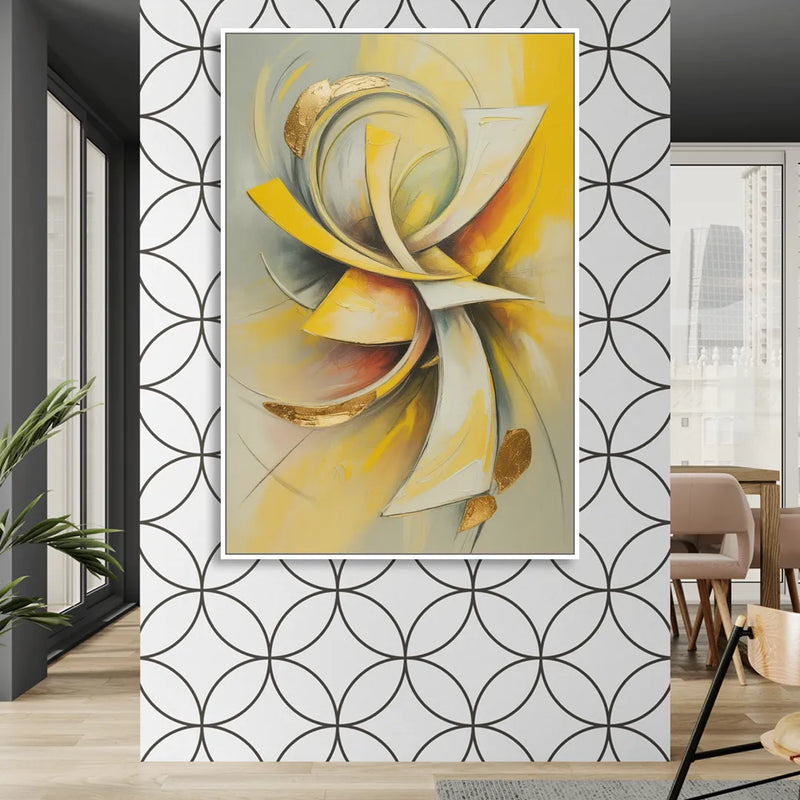 Opulent Vortex Yellow Abstract Sitting Room - White Canvas Wall Art